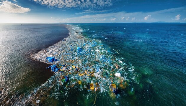 Aerial View of the Great Pacific Garbage Patch. Massive Spread of Plastic Waste and Debris in the Ocean Highlighting the Urgent Environmental Crisis of Pollution and Impact on Marine Life Ecosystem