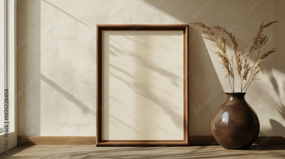 Poster mockup of a double portrait empty frame alongside a vase, creating a stylish setting for displaying 