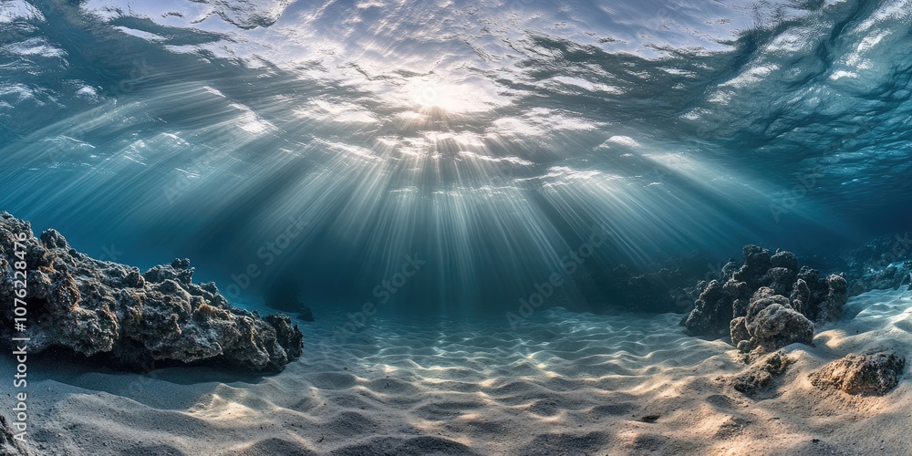 Poster beneath the surface of the clear ocean, sunlight streams down, creating a beautiful display of rays 