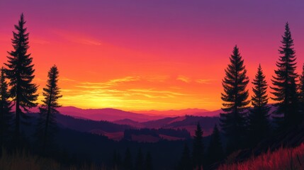 Stunning sunset over a mountainous landscape, with silhouettes of tall pine trees against vibrant colors.