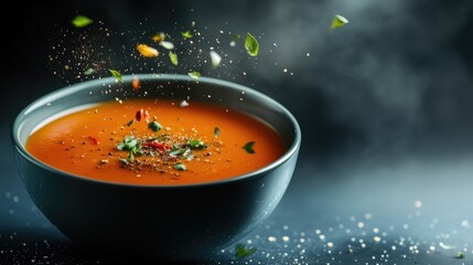A bowl of soup captured mid-air, creating an exciting scene with flying droplets. This vibrant soup image delivers a dynamic feel and offers ample copy space for any text.