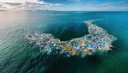 Aerial View of the Great Pacific Garbage Patch. Massive Spread of Plastic Waste and Debris in the Ocean Highlighting the Urgent Environmental Crisis of Pollution and Impact on Marine Life Ecosystem