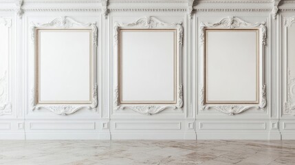 Empty white wall art in a classic manor, presenting a clean aesthetic and ample photo style copy space for artistic expression and creative ideas.