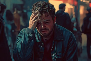 Fototapeta premium A man in distress sits alone in a busy urban setting. His expression conveys deep anguish and stress. City life can be overwhelming at times. Generative AI