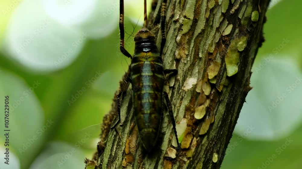 Poster camera slowly tilts up, revealing a stick insect camouflaged on a tree branch in dappled forest ligh
