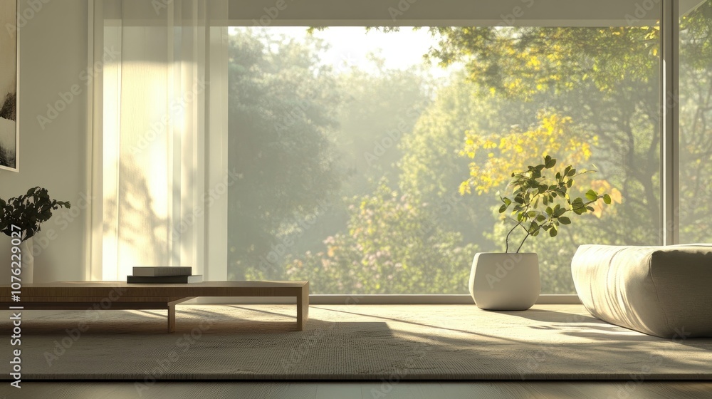 Poster soft aesthetic interior design highlighted by a large window, creating an inviting atmosphere. this 