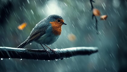 Fototapeta premium Photorealistic Image of Robin Sitting on a Branch in the Rain