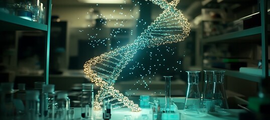  A holographic model of DNA hovers in a lab filled with advanced computational tools, its strands pulsing with light as nearby machines scan and visualize genetic information in real-time. 