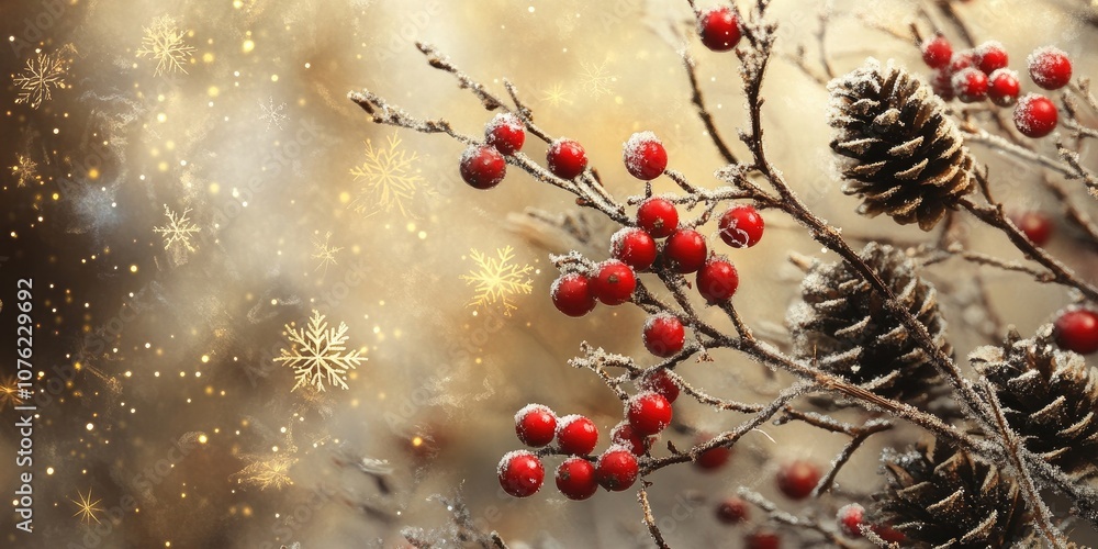 Poster pine branches adorned with red berries and pine cones are set against a blurred backdrop filled with
