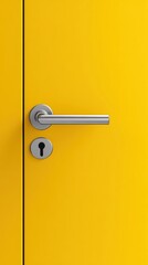 Close-up of a modern metal door handle on a vibrant yellow door.