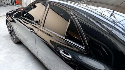 Side view of car window tint, ceramic film provides heat rejection and UV protection with stable color, car film installed on the glass surface of the , selected focus car tinting service