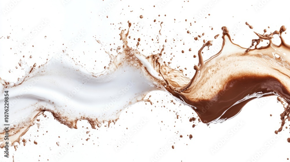 Poster chocolate milk and yogurt splashes create dynamic patterns, isolated against a white background, per
