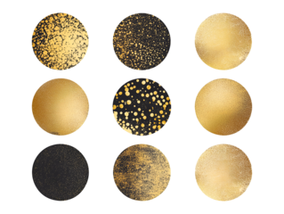 Black and gold foil glitter texture circles, abstract aesthetic background elements isolated on transparent or white background, png