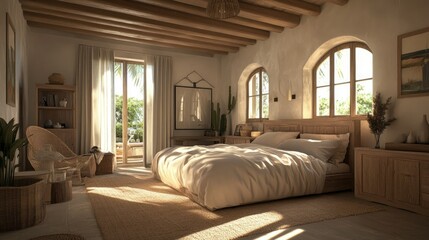 Fototapeta premium A beautiful neutral-toned Mediterranean bedroom with simple decor, light wood accents, and natural light streaming through the windows.