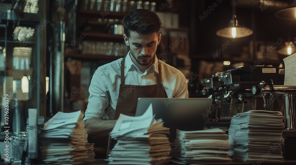 Poster man organizing receipts in a cafe setting, symbolizing efficient receipt management.