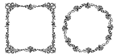 Retro baroque decorative square and rounded frames isolated on white background. Black and white vector elements
