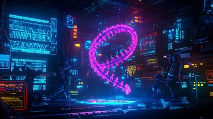  In a dark, neon-lit lab, a holographic DNA strand spins gently in the air, with robotic systems analyzing its structure as data visualizations and codes flash across the room. 