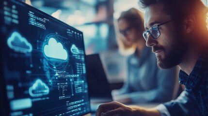 Developers working on a cloud-native application, deploying microservices directly to the cloud while monitoring real-time performance
