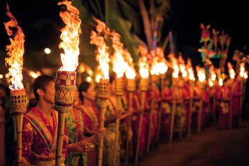 Festive night scene with bamboo torches in a ceremonial row, illuminating traditional decorations and vibrant cultural attire, enhancing the sense of tradition and community