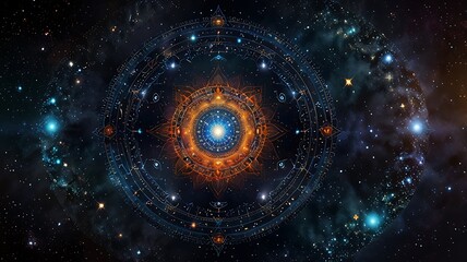 Cosmic mandala with multiple expanding rings of constellations, galaxies, and star clusters