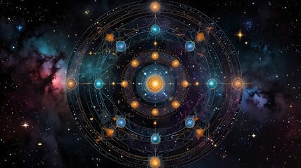 Galactic mandala with expanding circles of stars, planets, and cosmic light, symbolizing infinity