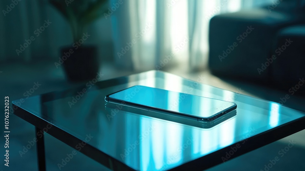 Poster a close-up of a pacific blue smartphone resting on a sleek glass table, reflecting soft ambient ligh