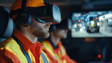 Employees participating in a virtual reality safety training session, learning emergency procedures in an immersive and interactive environment