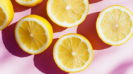 Fototapeta premium Bright yellow lemon pattern on a pink background. Modern and trendy design. Summery food texture with plenty of space for text.