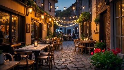 Fototapeta premium Twilight café scene with rustic tables, colorful plants, and soft string lights, evoking a welcoming, tranquil ambiance on cobbled pathways.