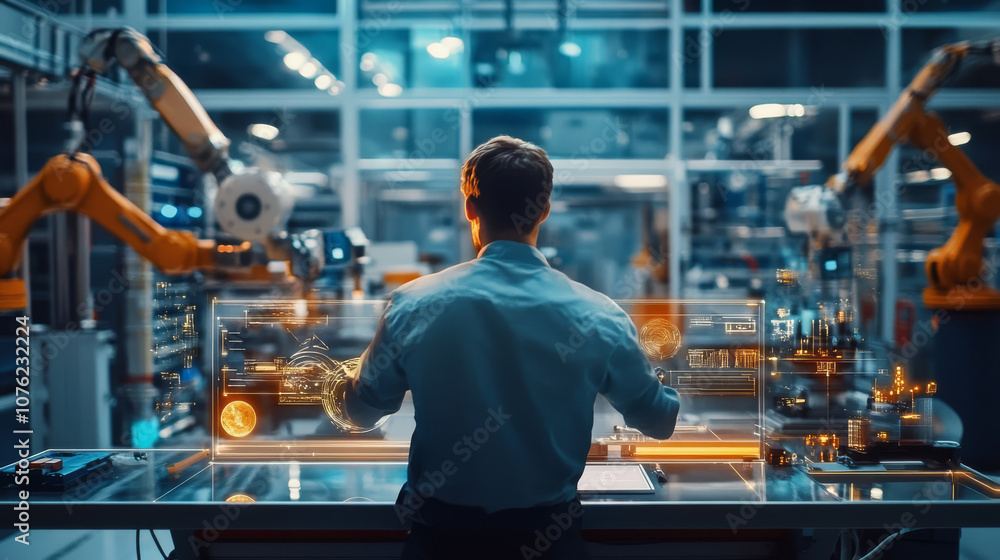 Poster Engineers designing advanced technologies in a clean manufacturing environment, surrounded by robotic arms and precision tools