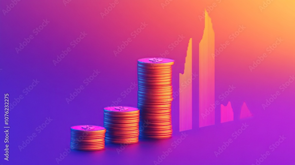 Poster illustration of stacked coins with an increasing graph on gradient color background