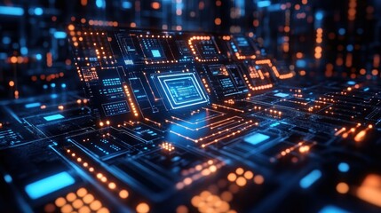 Futuristic circuit board with glowing elements and intricate design.