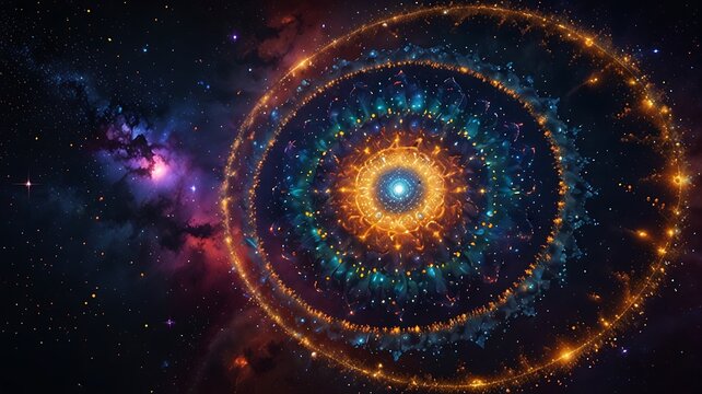 Mandala of expanding planetary orbits and stardust patterns, focusing on cosmic unity