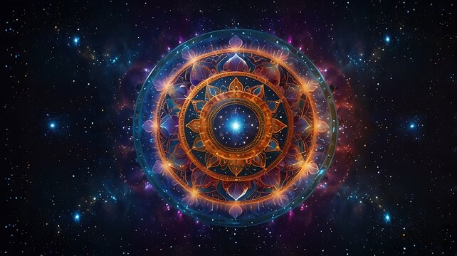 Mandala of expanding planetary orbits and stardust patterns, focusing on cosmic unity