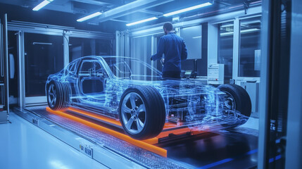 Engineers testing hydrogen vehicles in a research facility, optimizing performance and fuel efficiency