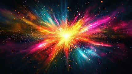Fototapeta premium A colorful, AI-generated illustration with vibrant neon colors exploding from the center, set against a dark black background, showcasing an eye-catching abstract composition