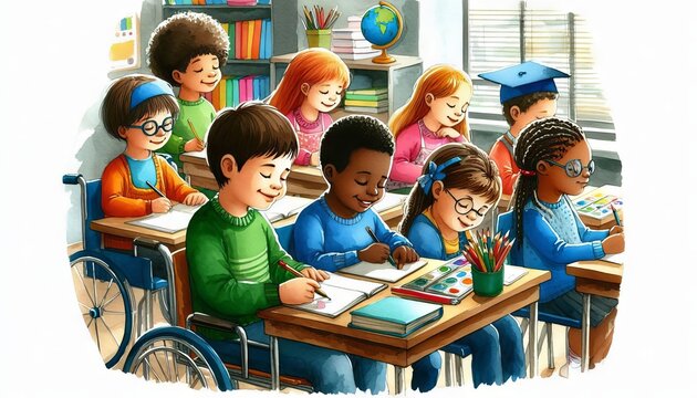 Children with different abilities study in the same class. Inclusive education. Equal rights. World Day of Social Justice

