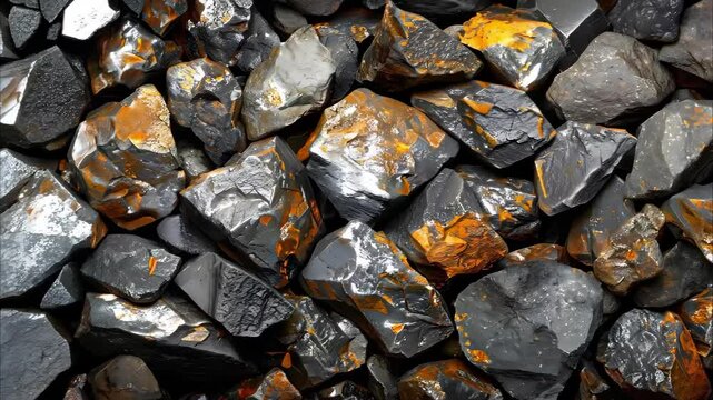 A collection of dark, glossy rocks with orange and gold highlights, likely obsidian or similar minerals.