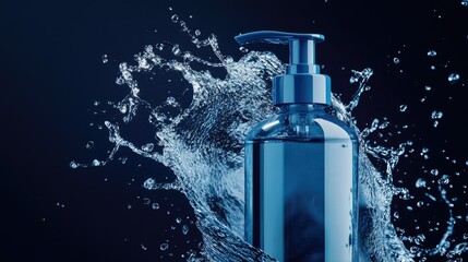 A detailed shot of a blue body lotion bottle with a pump, with a gentle splash of lotion against a navy backdrop, conveying freshness and skincare excellence