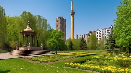 Fototapeta premium A Gazebo in a City Park with a Tall Yellow Tower in the Background
