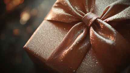 A close-up of a beautifully wrapped Christmas gift with a shiny bow