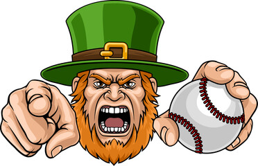 An angry Leprechaun Celtic Irish cartoon character holding baseball ball and pointing sports team mascot illustration.