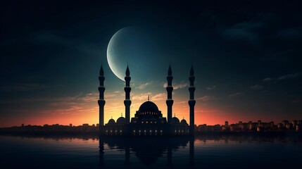 Obraz premium A photo of a mosque silhouette with full moon