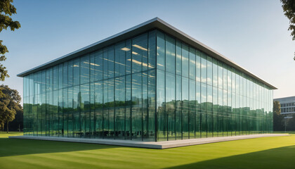 Fototapeta premium Minimalist Glass Structure in a Corporate Campus Setting