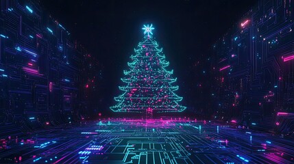 Obraz premium Neon Christmas Tree in Futuristic Digital Landscape
