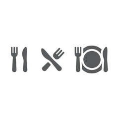 Fork, knife and a plate vector icons. Food, restaurant and meal icon set.