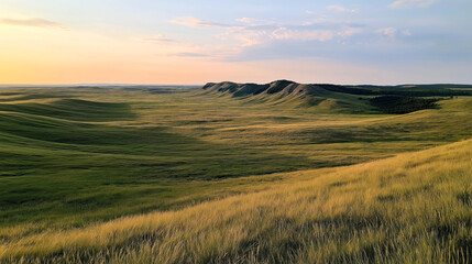Fototapeta premium Vast open prairie landscape with rolling hills covered in green grass under a vibrant sunset sky. The scene captures the serene beauty of nature with gentle slopes and distant fields.