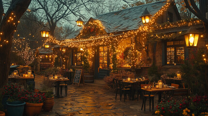 Obraz premium A building illuminated with lights on a chilly day, creating a cozy and warm atmosphere.