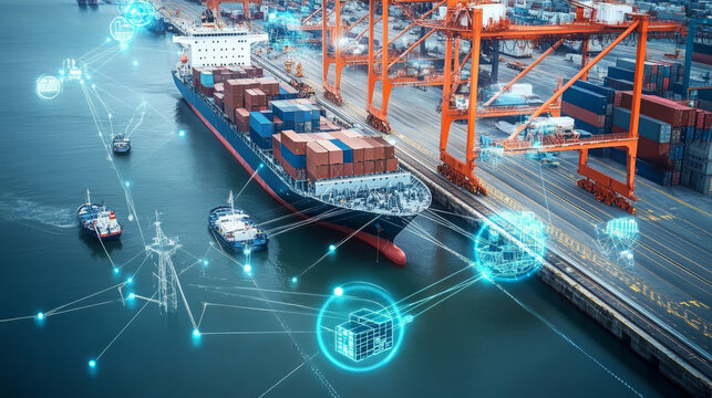 Ships docking at a smart port, with IoT-enabled sensors guiding them to available berths and monitoring cargo unloading