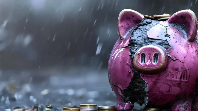 A cracked pink piggy bank surrounded by scattered coins, set against a rainy background.